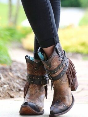 New Corral Boots Metallic Cognac Strap Fringe Stud Ankle Boot Western Brown Sz 8
